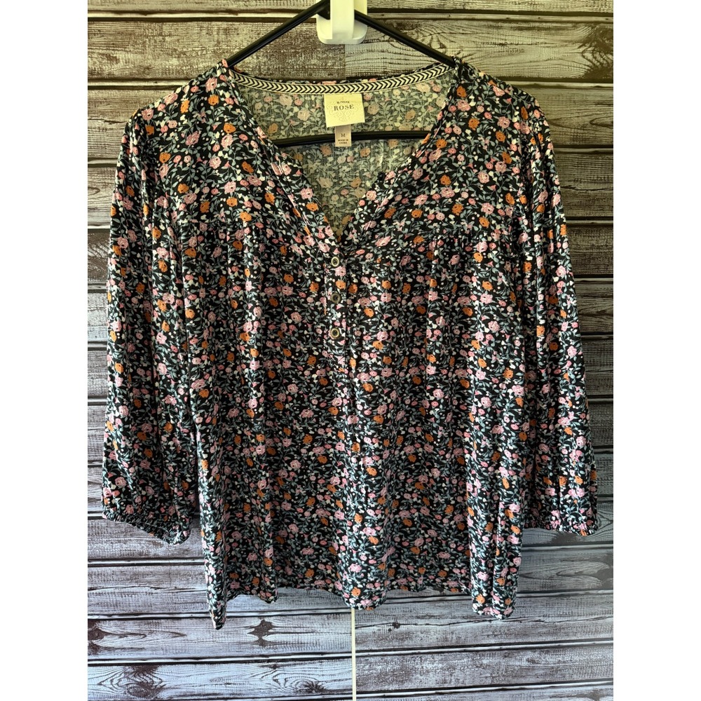 Knox Rose Long-Sleeved Blouse Size M Black Floral V-Neck